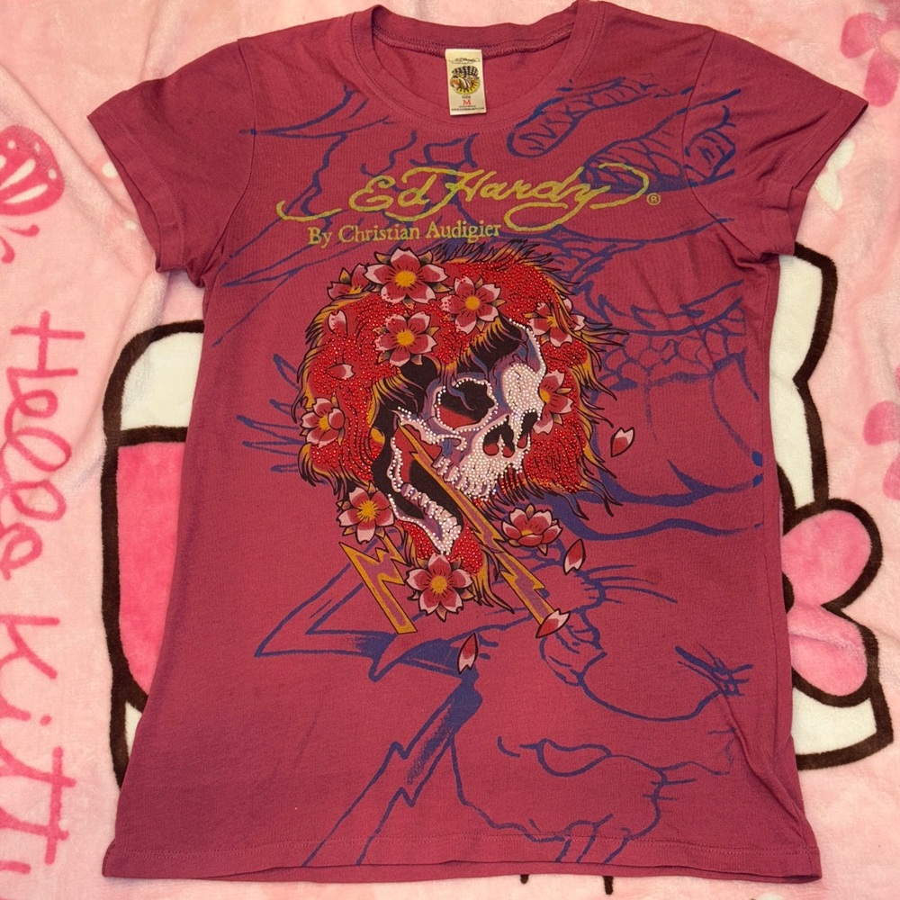 Ed Hardy Magenta Bedazzled Tee